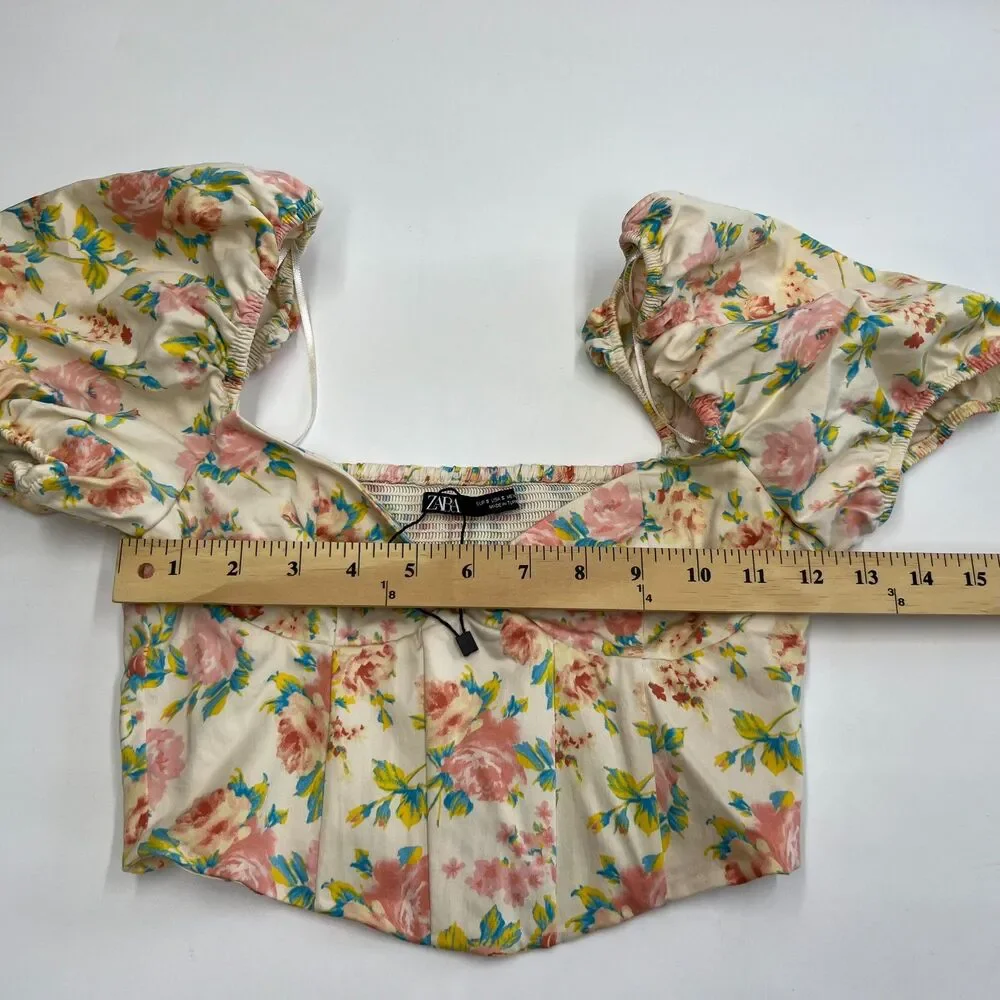 Zara Puff Sleeve Bustier Cropped Floral Corset Top Sz S NWOT Cottage, Boho